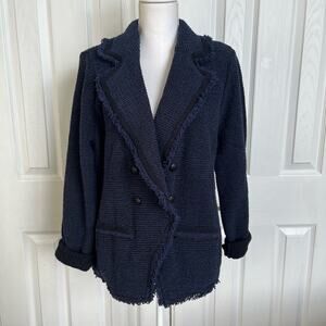 Chico's Jacket Women's 2 Large 12/14 Blue Chenille Eyelash Fringe Trim Peacoat